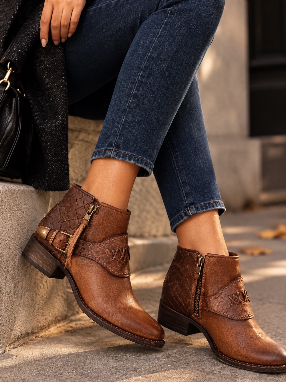 FREEBIRD Brown Quilted Leather Ankle Booties with Buckle & Side Zip